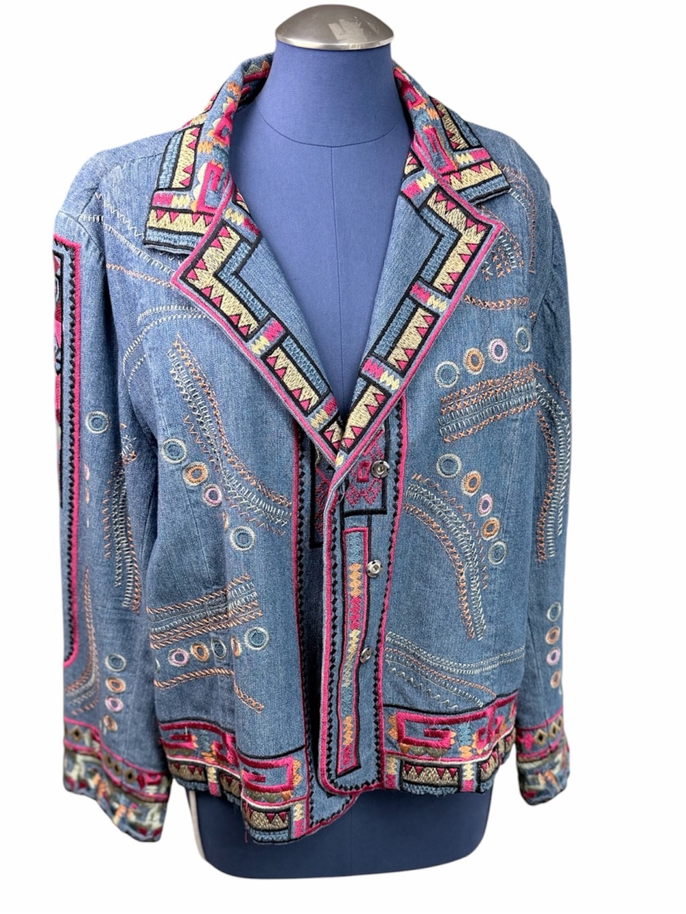 Coldwater Creek Boho Vintage Embroidered Denim Jacket Size Medium